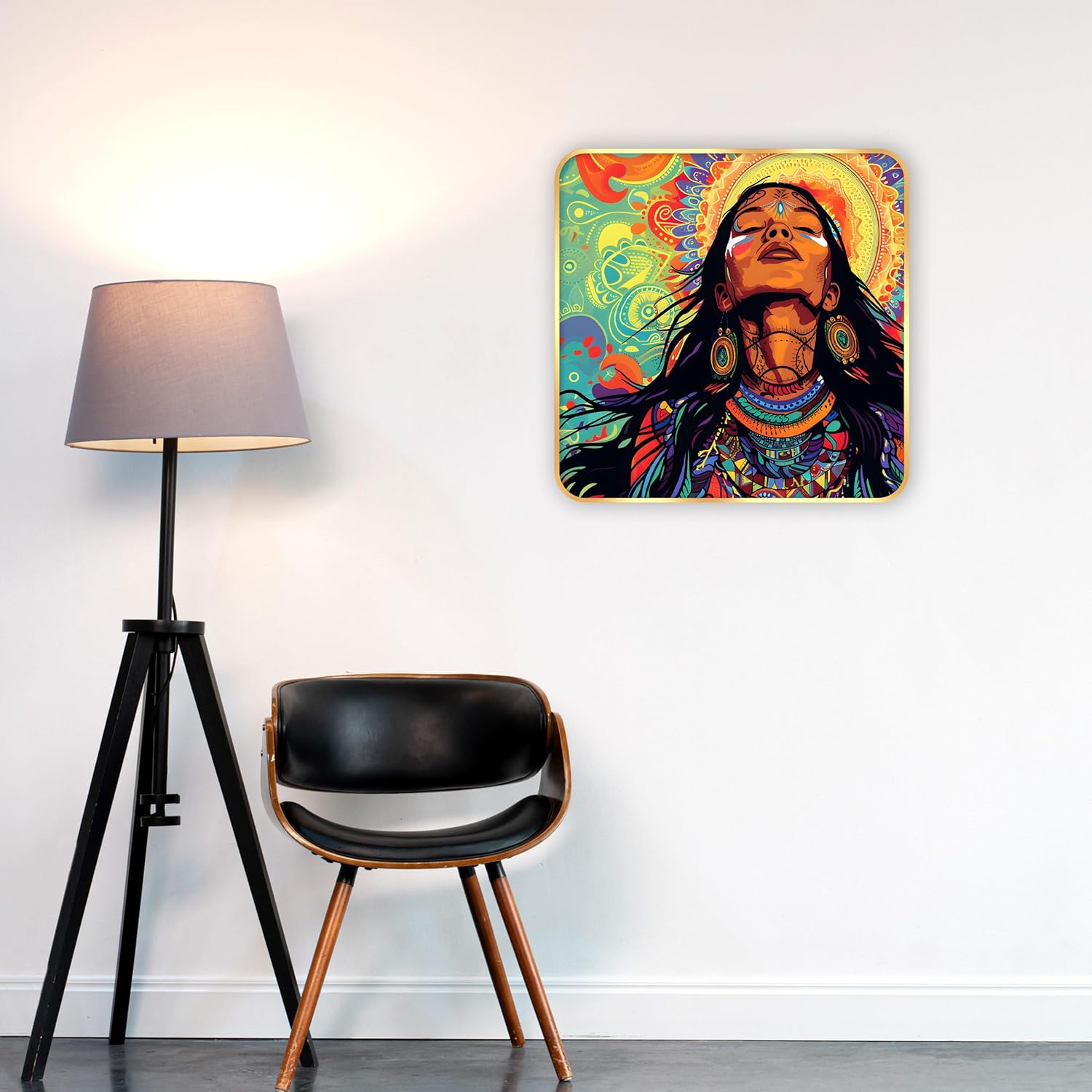 Indianara Tribal Art Wall Painting, Modern Design, Golden Frame, 40 cm x 40 cm, Premium Sparkle Lamination