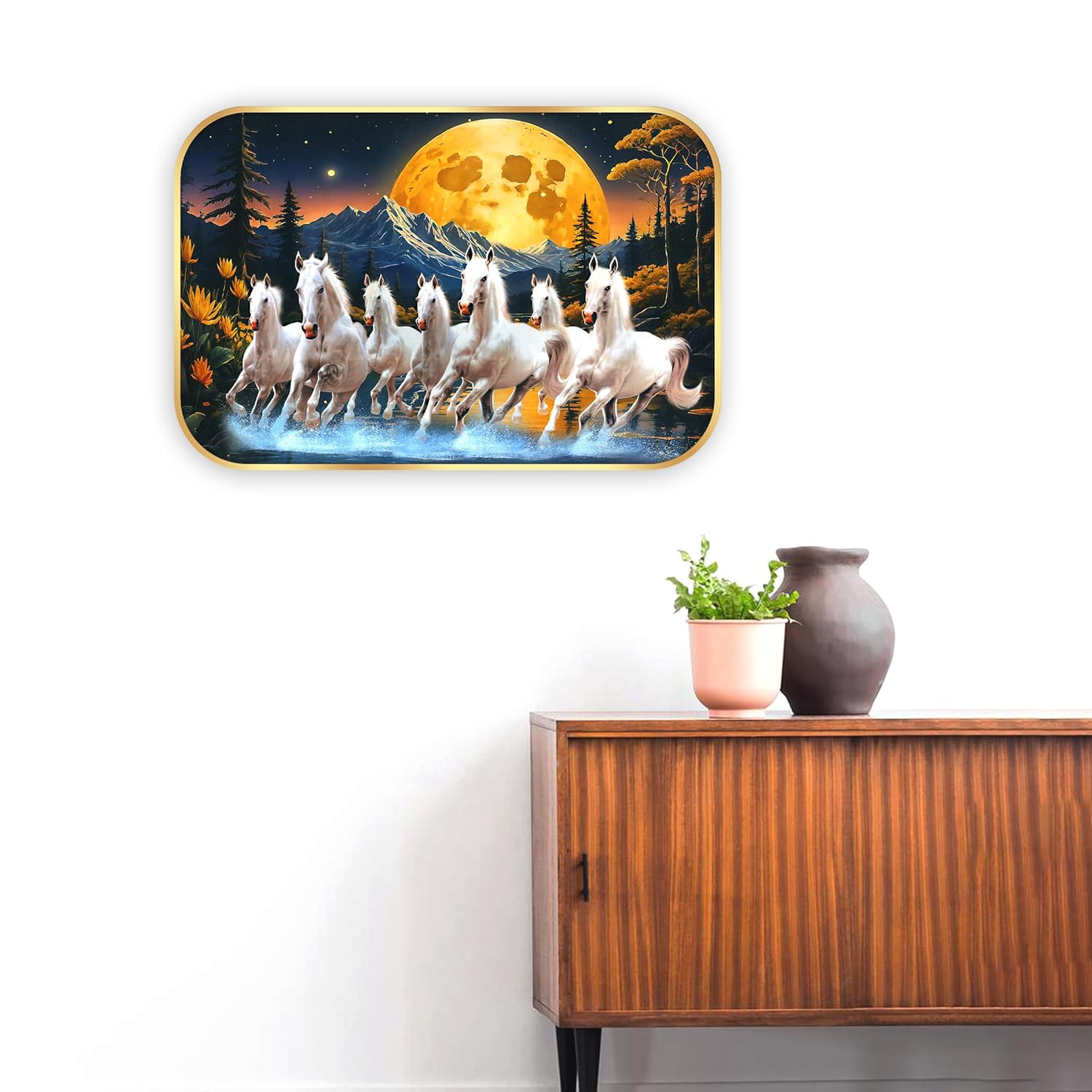 Indianara Seven Running White Horses Wall Art, Gold Frame, picturesque Scene, 45 x 30 cm (10909)