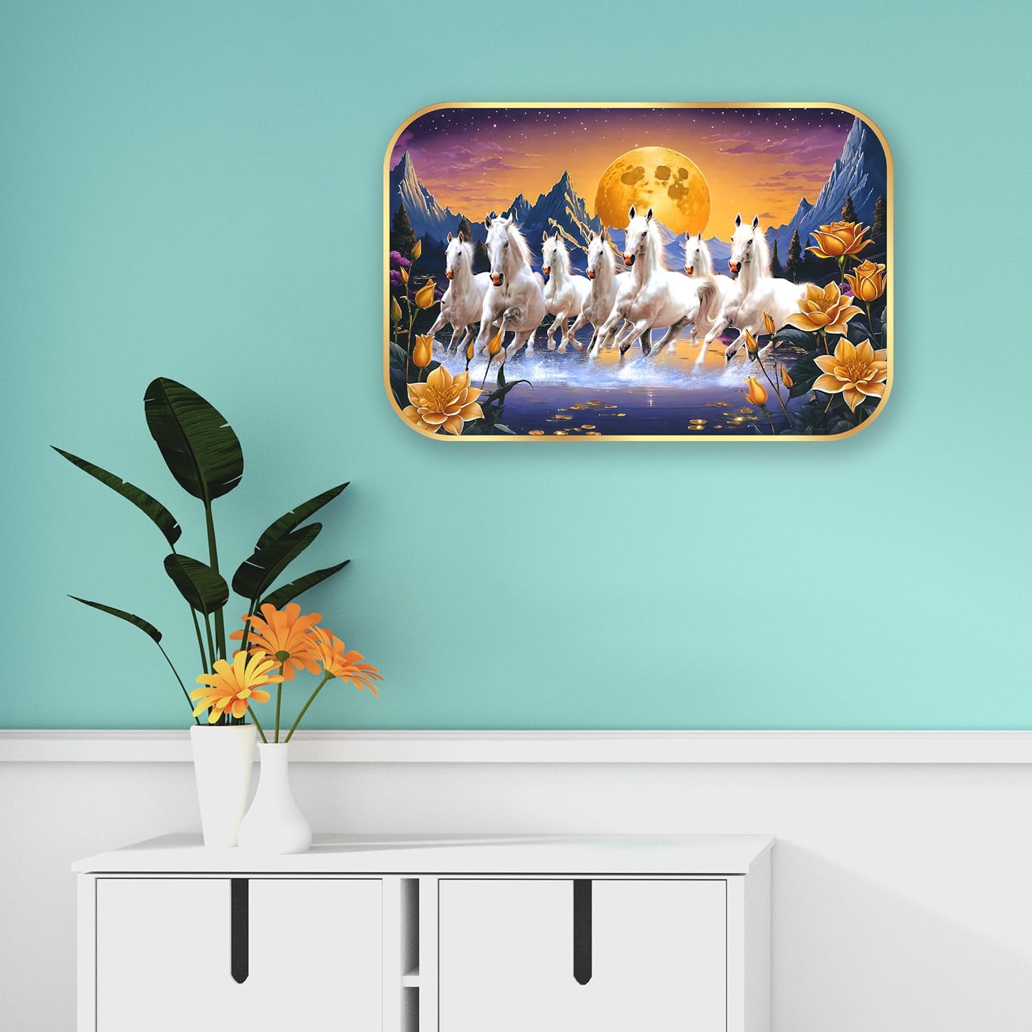 Indianara Seven Running White Horses Wall Art, Gold Frame, picturesque Scene, 45 x 30 cm (10906)