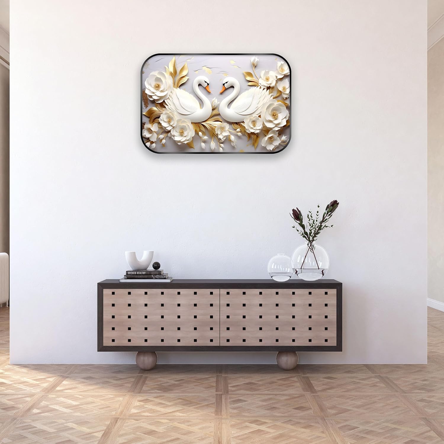 Indianara White Pair of Swan and Roses Digital Wall Art Print, Black Frame, 45 x 30 cm, Nature Theme, Landscape Orientation