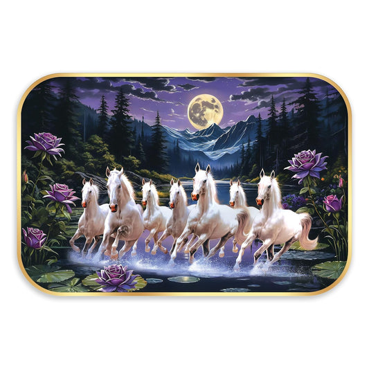Indianara Seven Running White Horses Wall Art, Gold Frame, picturesque Scene, 45 x 30 cm