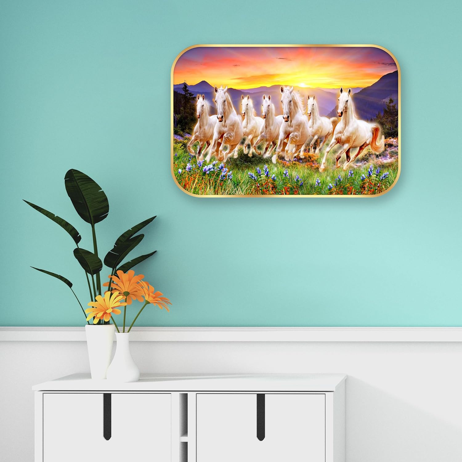 Indianara Seven Running White Horses Wall Art, Gold Frame, Night Scene with Purple Flowers, 45 x 30 cm (10931)