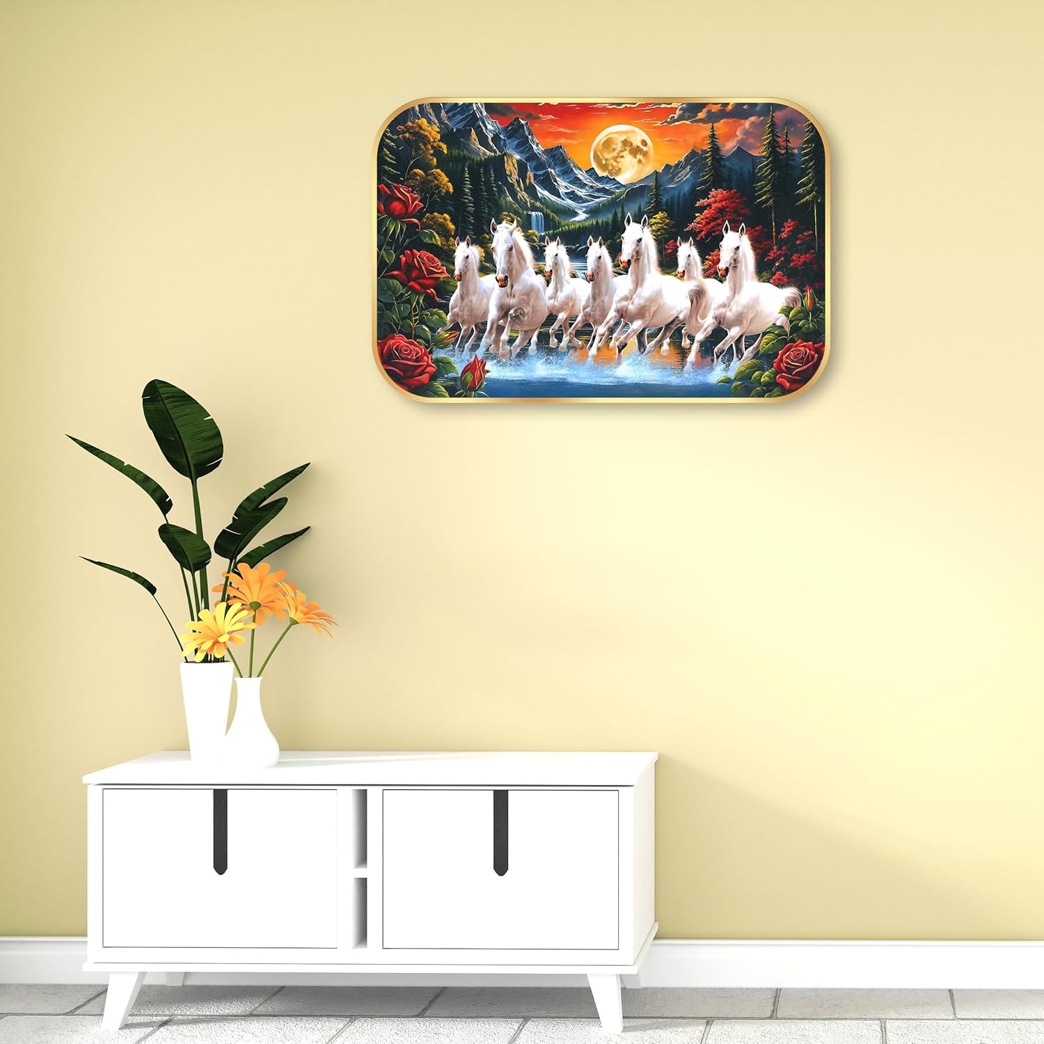 Indianara Seven Running White Horses Wall Art, Gold Frame, Night Scene with Purple Flowers, 45 x 30 cm (10913)