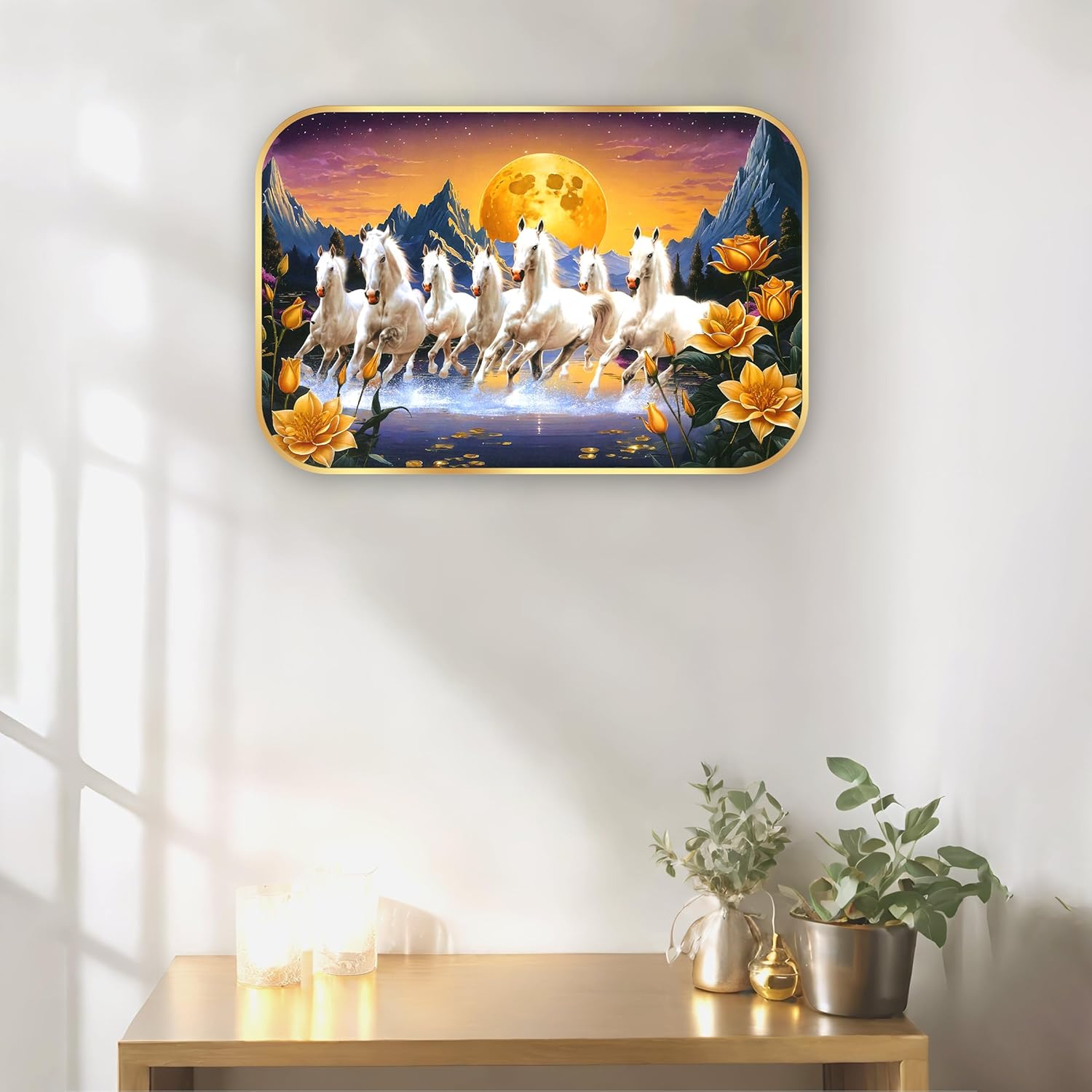 Indianara Seven Running White Horses Wall Art, Gold Frame, picturesque Sunrise Scene, 45 x 30 cm (10904)