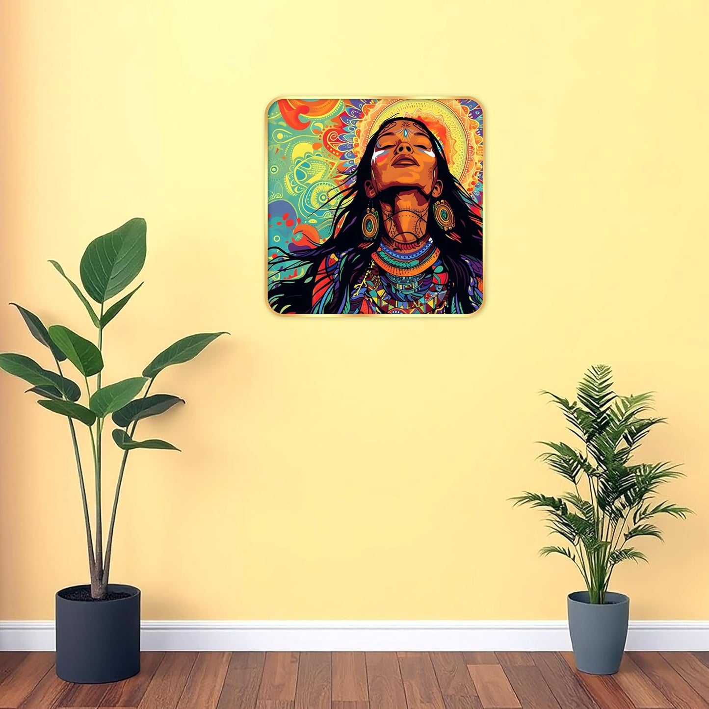 Indianara Tribal Art Wall Painting, Modern Design, Golden Frame, 40 cm x 40 cm, Premium Sparkle Lamination