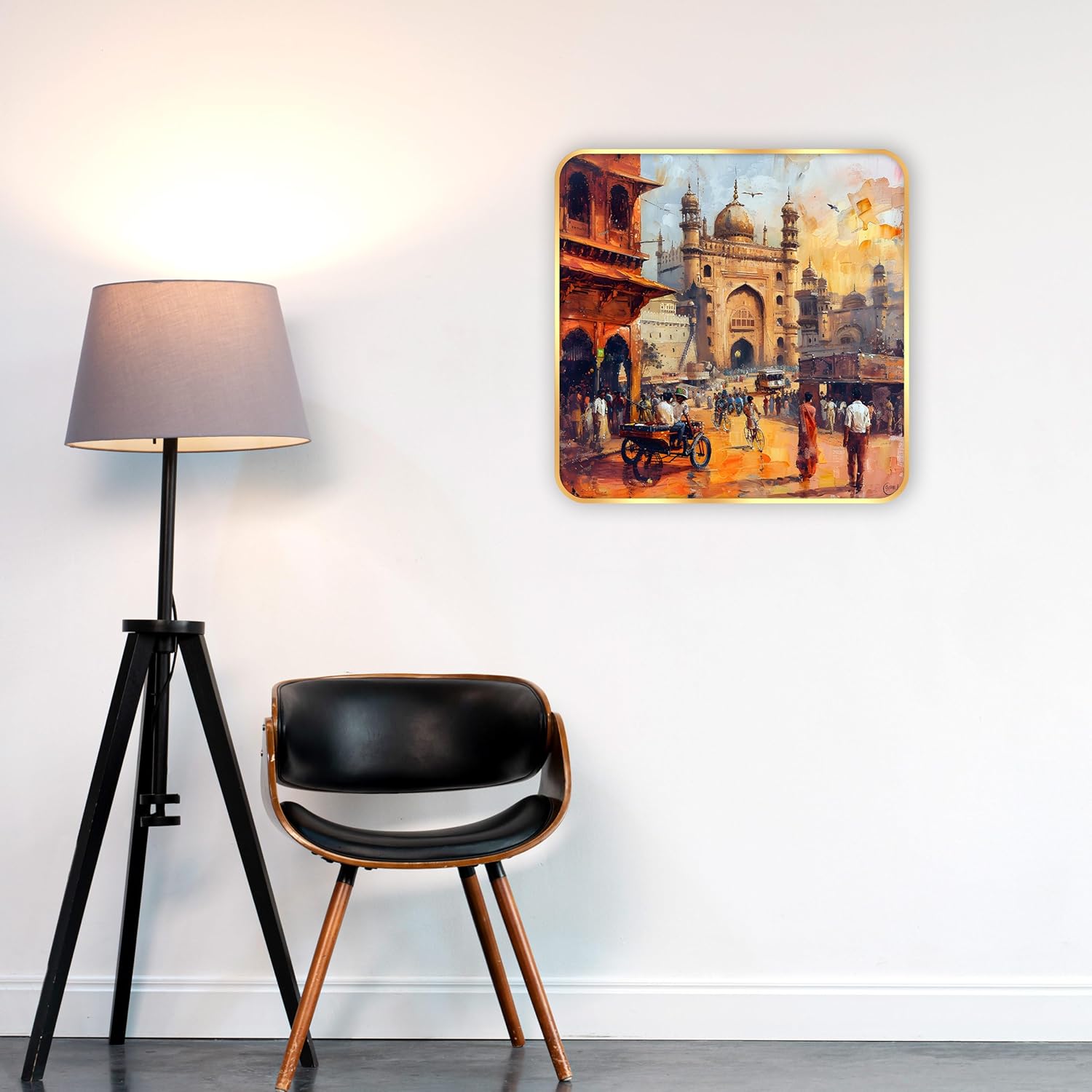 Indianara Ancient Indian Bazaar Scene Art Print, Golden Frame, Traditional Portrait, 40 cm x 40 cm, Premium Sparkle Lamination (6610)