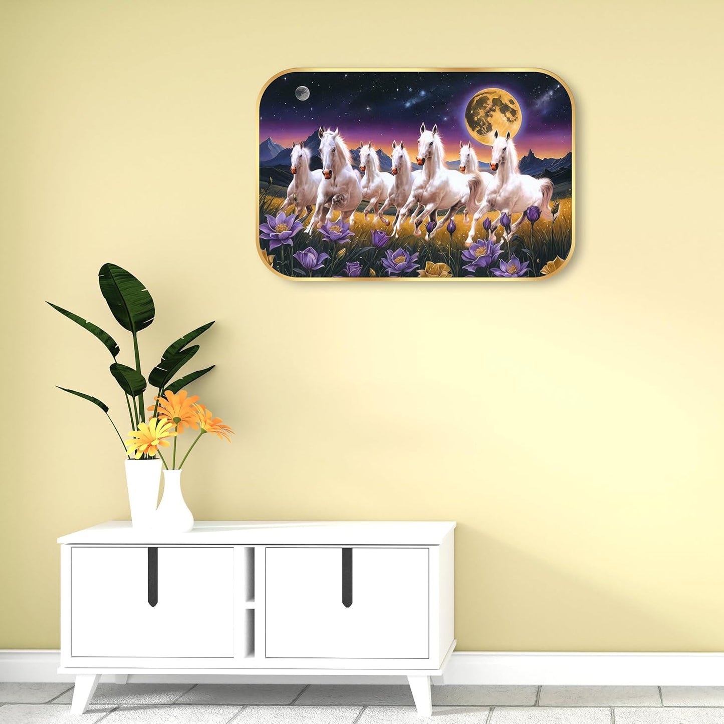 Indianara Seven Running White Horses Wall Art, Gold Frame, Night Scene with Purple Flowers, 45 x 30 cm (10911)