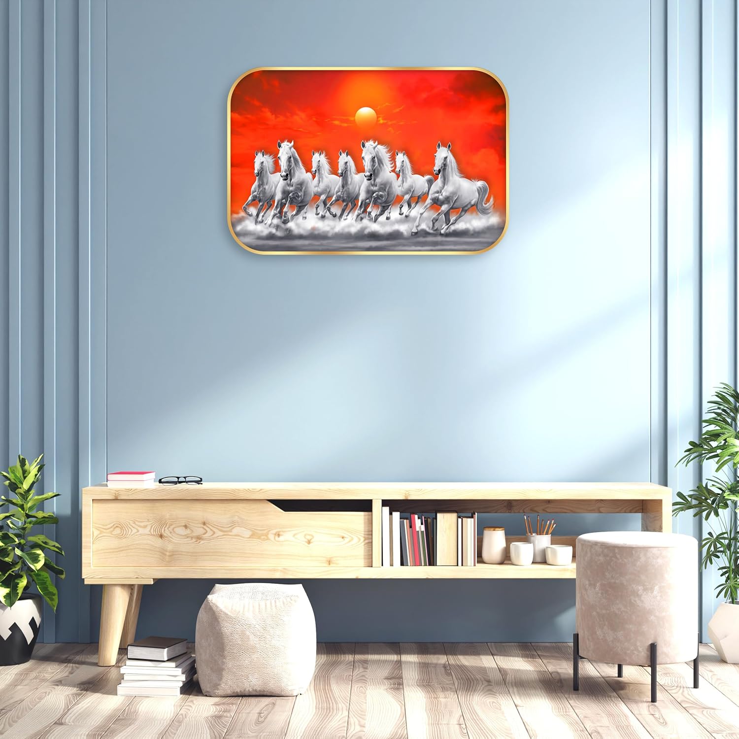 Indianara Seven Running White Horses Wall Art, Gold Frame, Night Scene with Purple Flowers, 45 x 30 cm (10929)