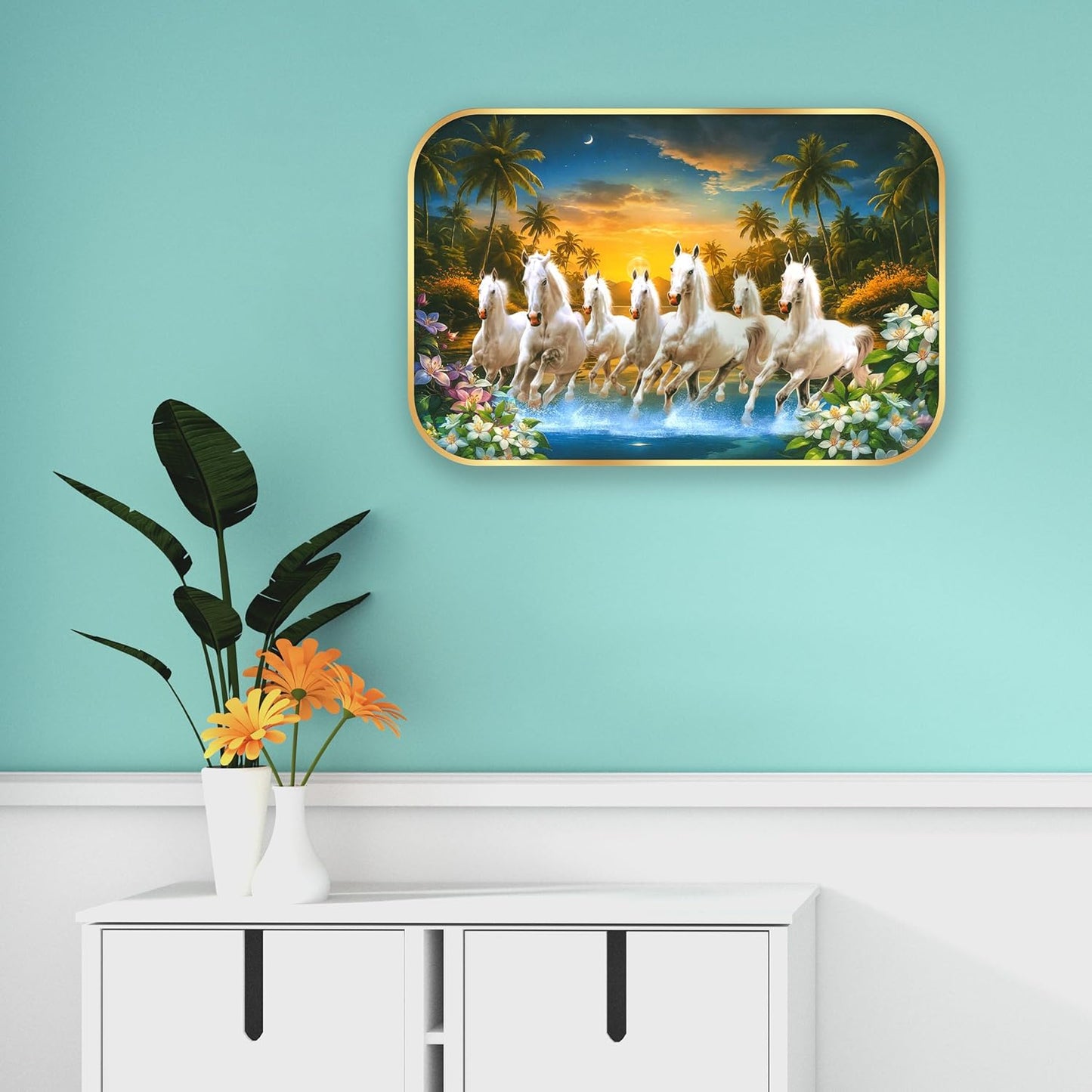 Indianara Seven Running White Horses Wall Art, Gold Frame, picturesque Scene, 45 x 30 cm (10908)