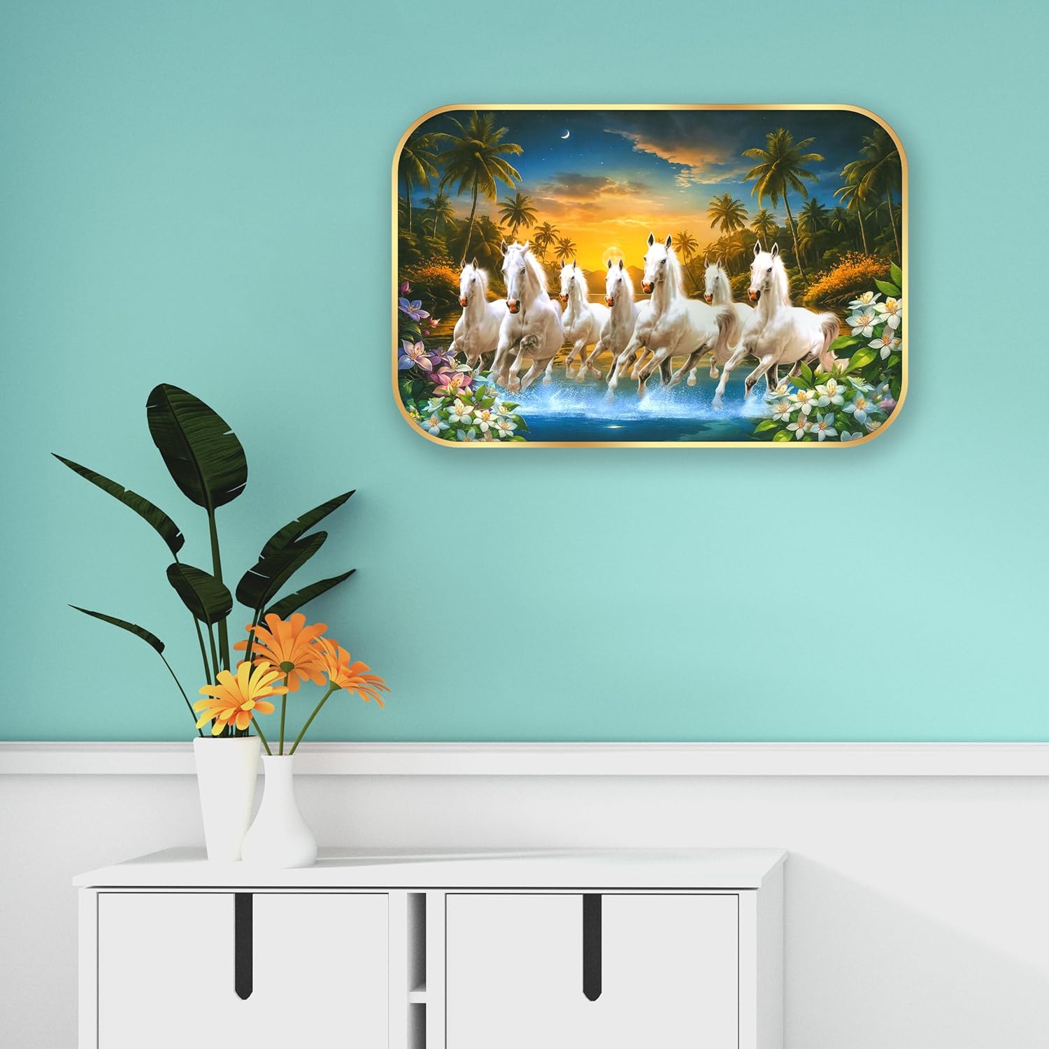 Indianara Seven Running White Horses Wall Art, Gold Frame, picturesque Scene, 45 x 30 cm (10908)