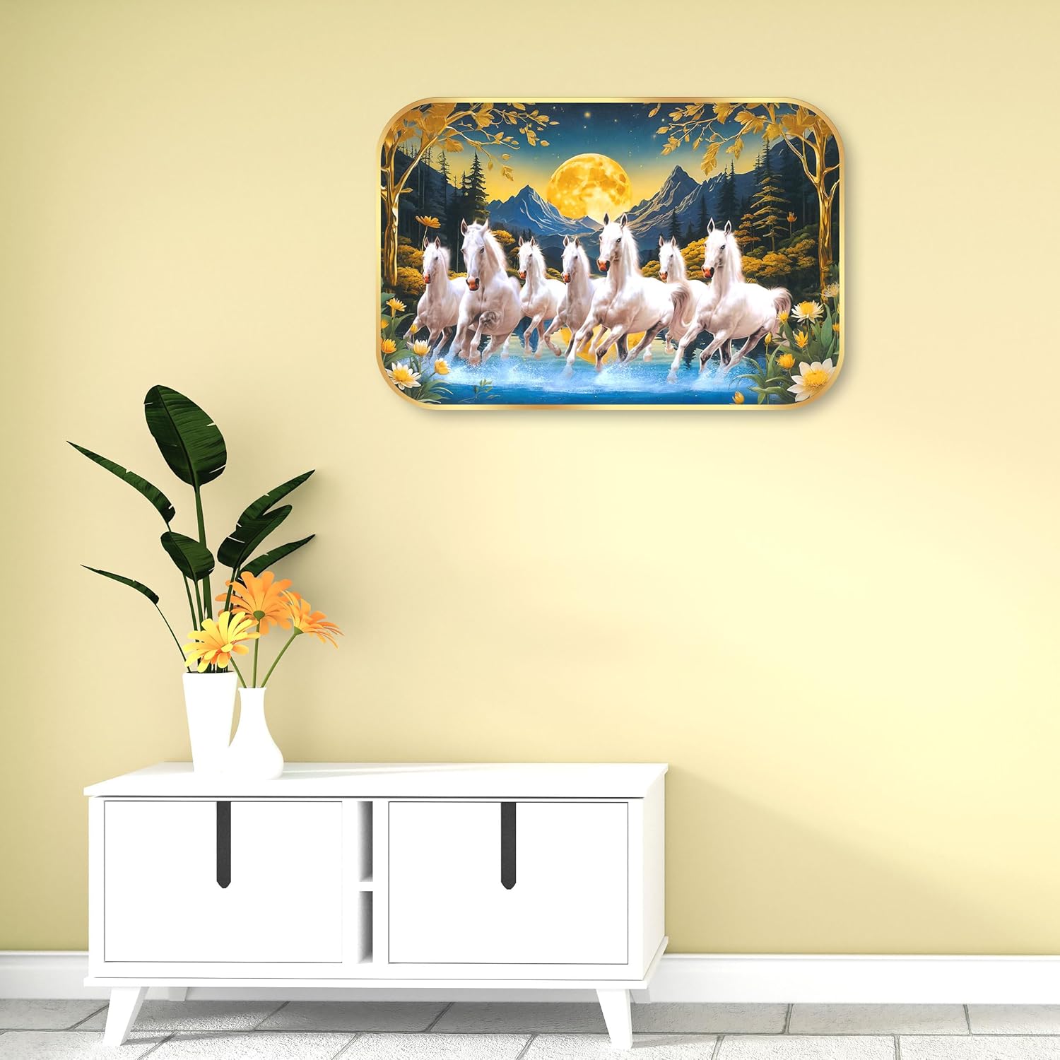 Indianara Seven Running White Horses Wall Art, Gold Frame, Night Scene with Purple Flowers, 45 x 30 cm (10916)