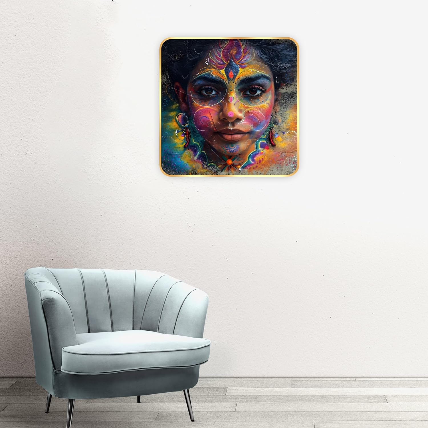 Indianara Beautiful Indian Woman Art Print with Golden Frame, Traditional Portrait, 40 cm x 40 cm, Premium Sparkle Lamination (6605)