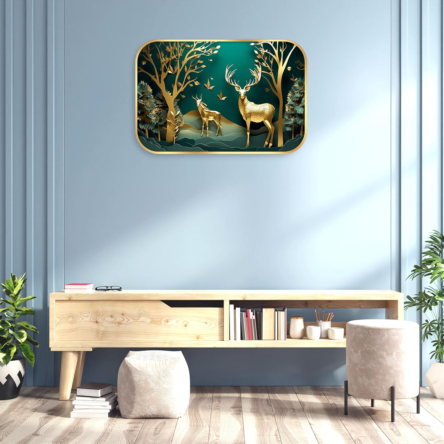 Indianara Golden Deer Forest Wall Art, Digital Print with Gold Frame, 45 x 30 cm, Emerald Green