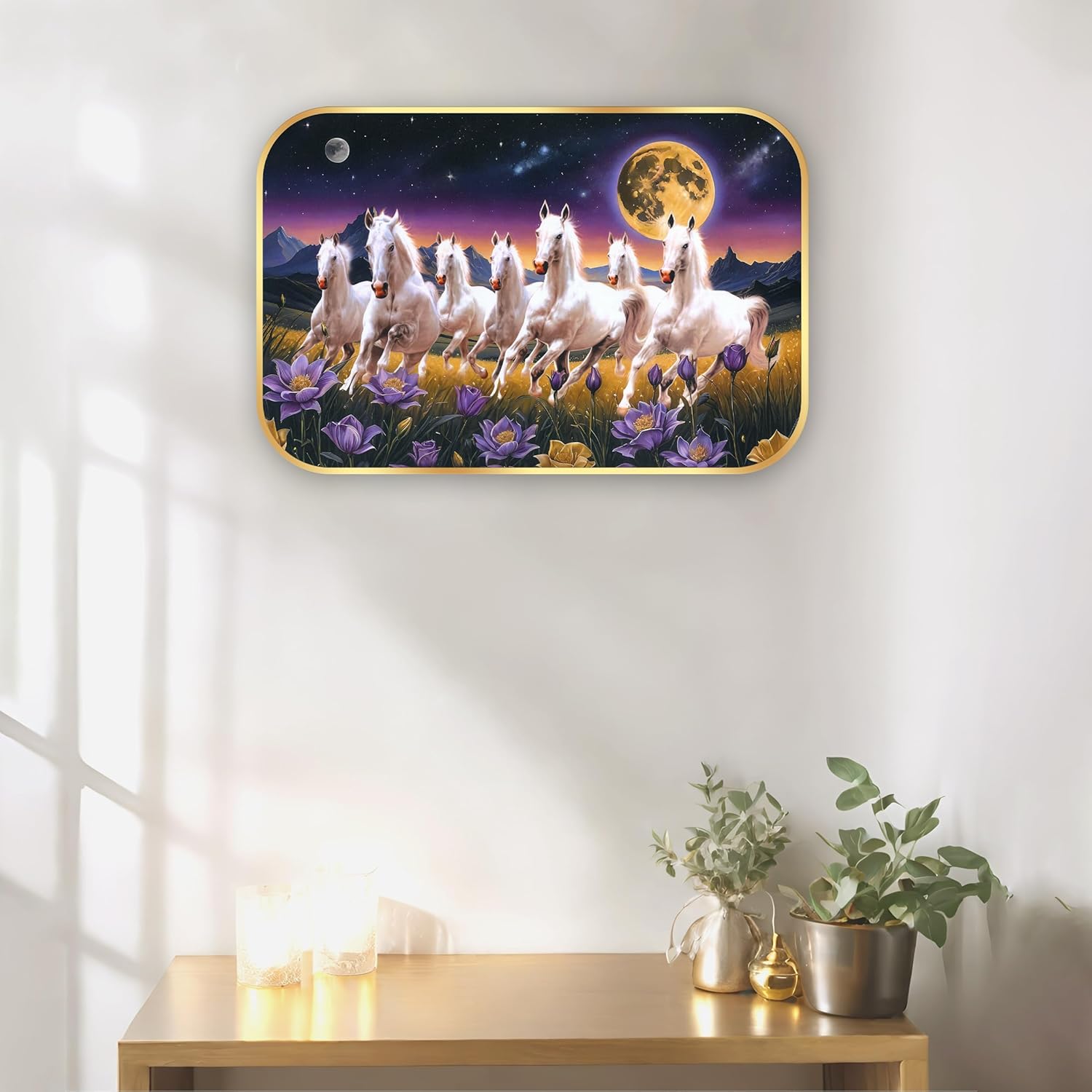 Indianara Seven Running White Horses Wall Art, Gold Frame, Night Scene with Purple Flowers, 45 x 30 cm (10911)