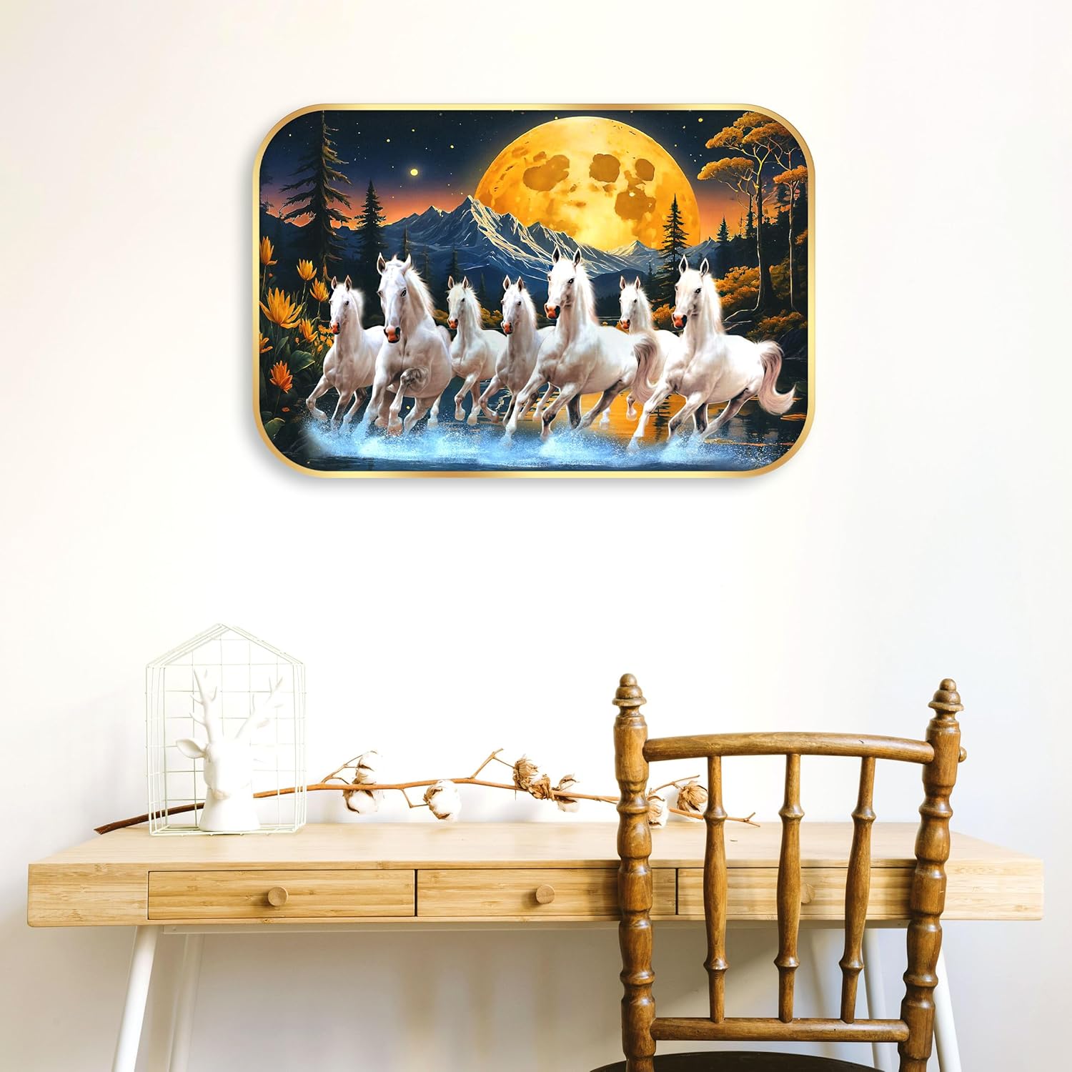 Indianara Seven Running White Horses Wall Art, Gold Frame, picturesque Scene, 45 x 30 cm (10909)