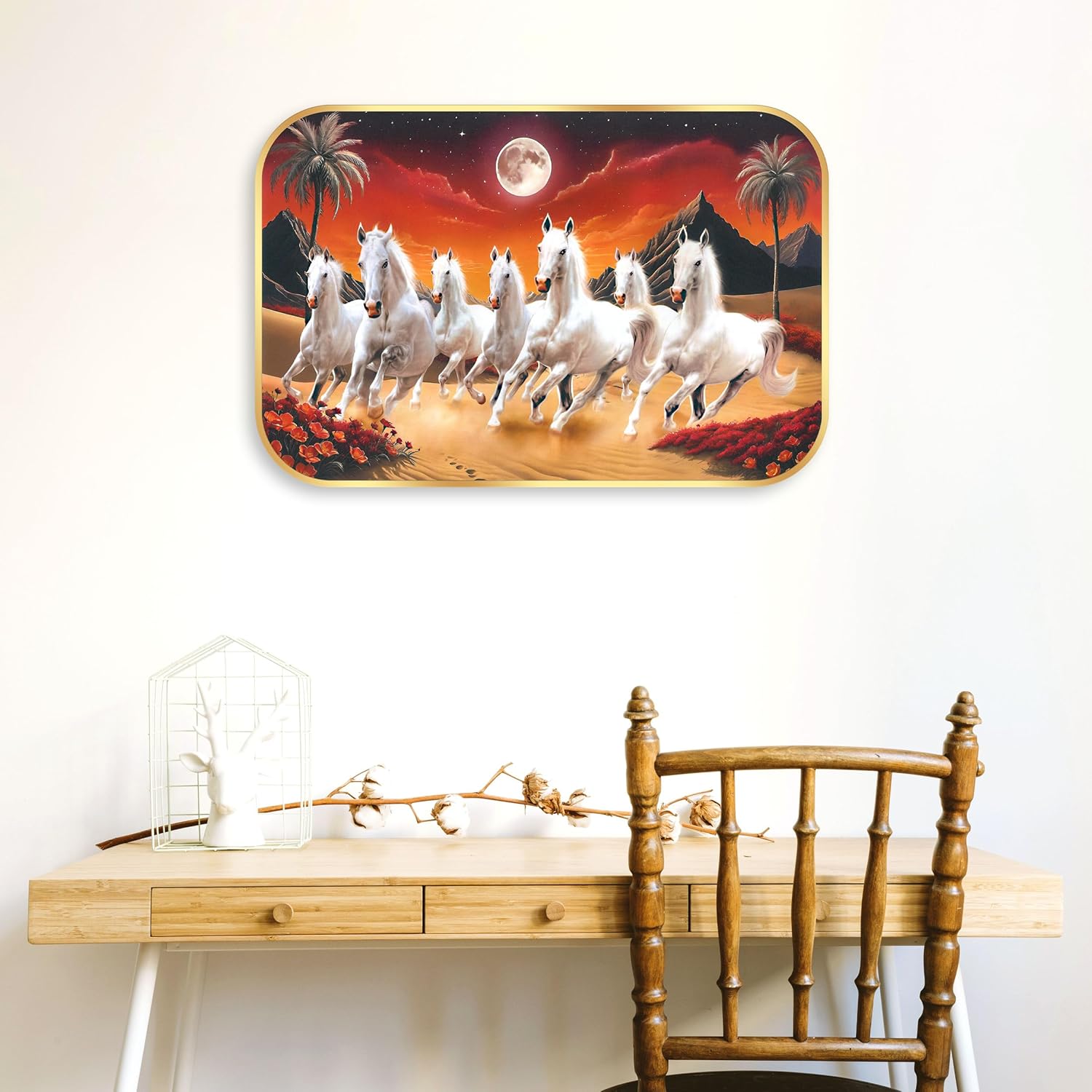 Indianara Seven Running White Horses Wall Art, Gold Frame, Night Scene with Purple Flowers, 45 x 30 cm (10912)