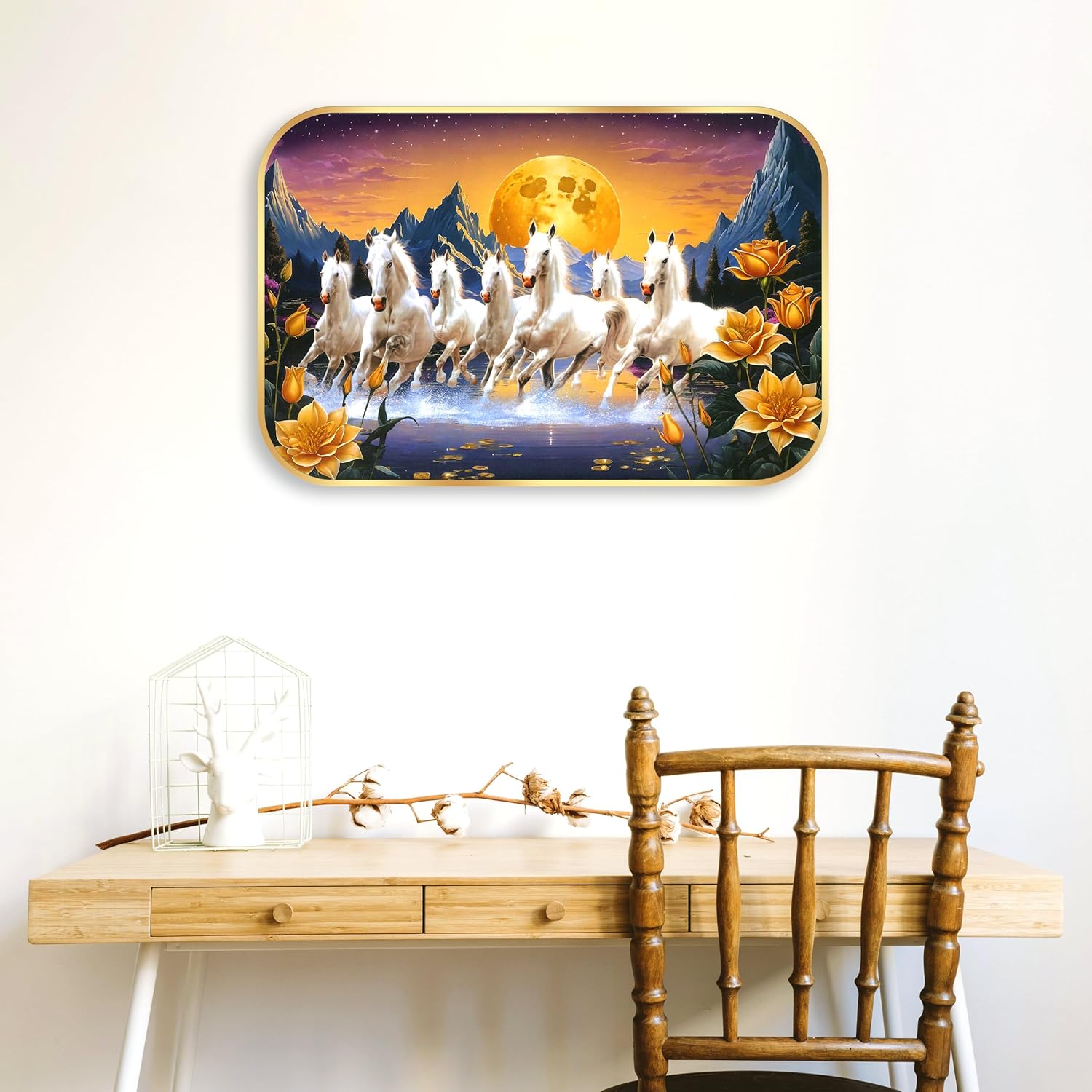 Indianara Seven Running White Horses Wall Art, Gold Frame, picturesque Sunrise Scene, 45 x 30 cm (10904)