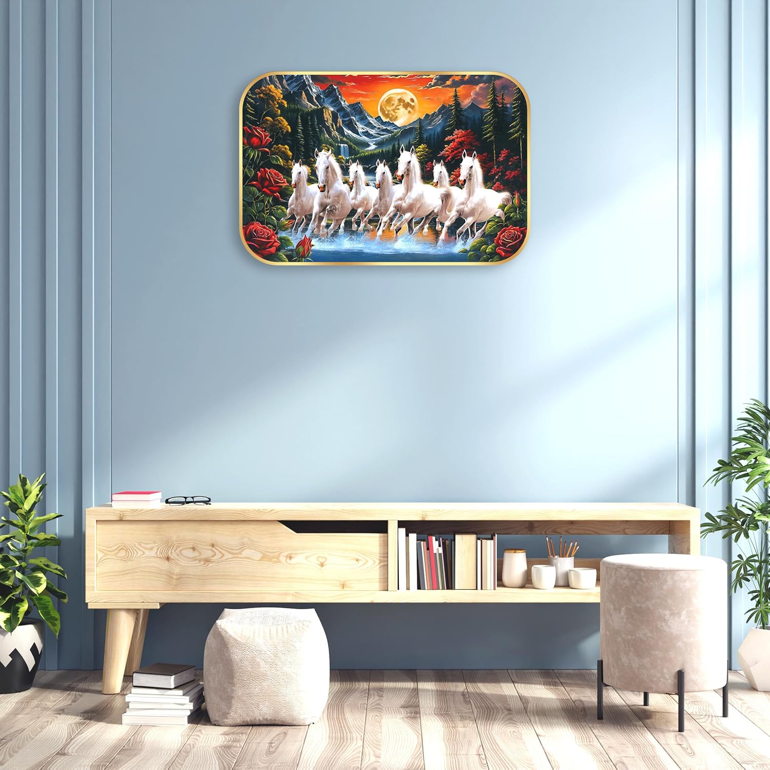 Indianara Seven Running White Horses Wall Art, Gold Frame, Night Scene with Purple Flowers, 45 x 30 cm (10913)