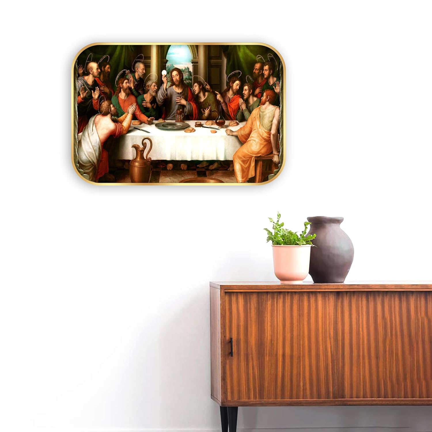 Indianara The Last Supper Wall Art, Golden Frame, 45 x 30 cm, Religious Digital Print, Matte Finish