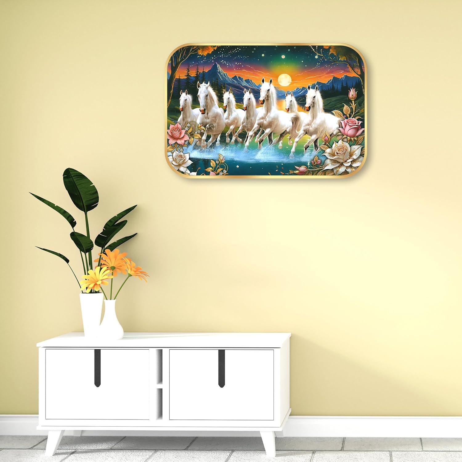 Indianara Seven Running White Horses Wall Art, Gold Frame, picturesque Scene, 45 x 30 cm (10910)