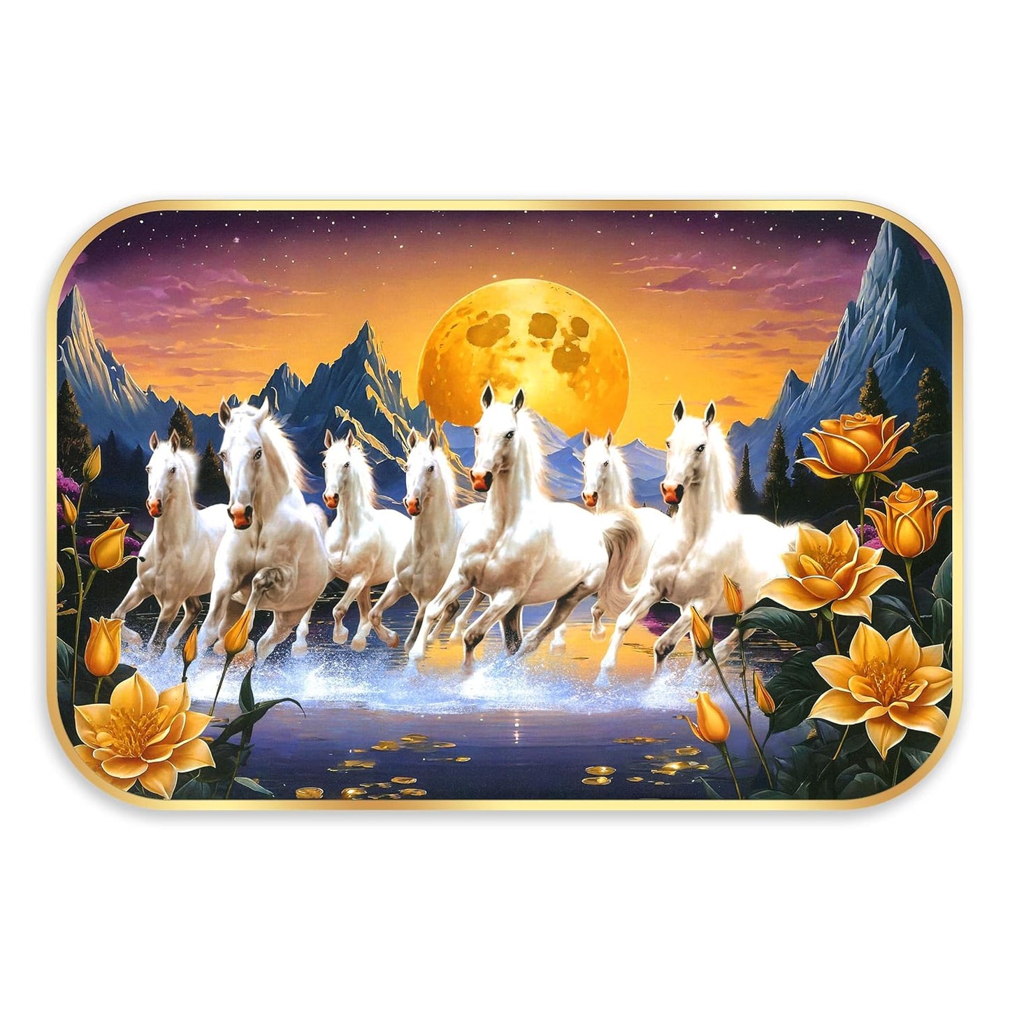 Indianara Seven Running White Horses Wall Art, Gold Frame, picturesque Sunrise Scene, 45 x 30 cm (10904)