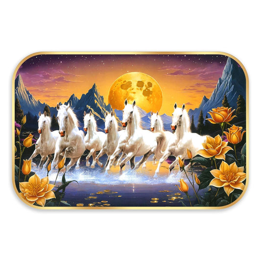 Indianara Seven Running White Horses Wall Art, Gold Frame, picturesque Sunrise Scene, 45 x 30 cm (10904)