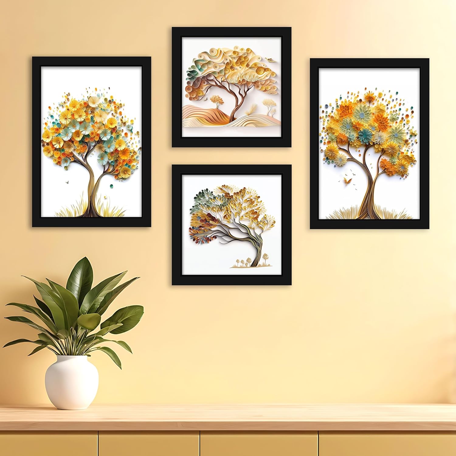 Indianara Abstract Tree Framed Gallery Wall Art, Set of 4 for Living Room | Wall Decor | Bedroom | Office | Hotel