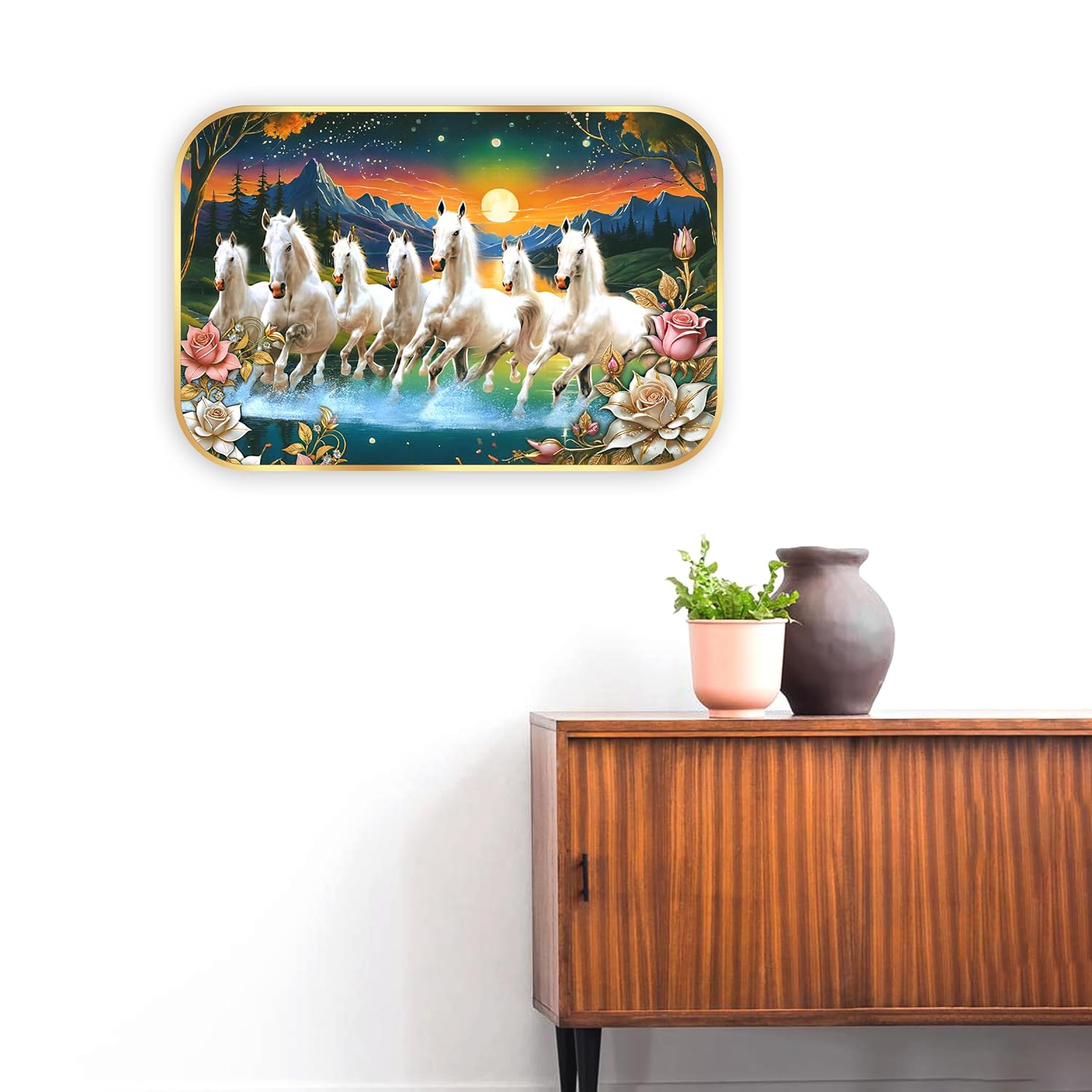 Indianara Seven Running White Horses Wall Art, Gold Frame, picturesque Scene, 45 x 30 cm (10910)
