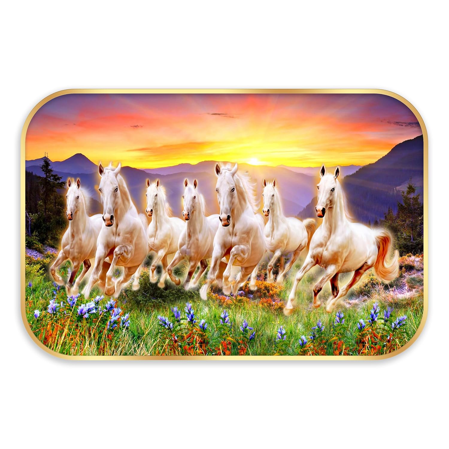 Indianara Seven Running White Horses Wall Art, Gold Frame, Night Scene with Purple Flowers, 45 x 30 cm (10931)