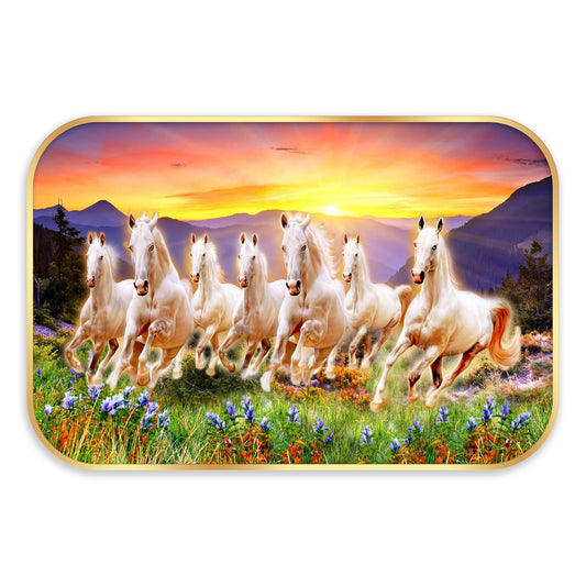 Indianara Seven Running White Horses Wall Art, Gold Frame, Night Scene with Purple Flowers, 45 x 30 cm (10931)
