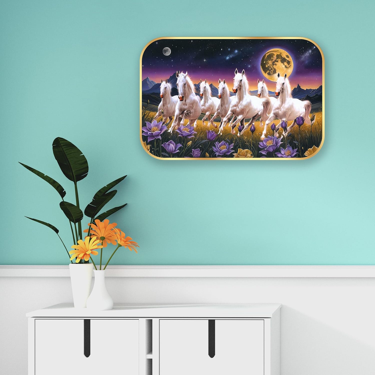 Indianara Seven Running White Horses Wall Art, Gold Frame, Night Scene with Purple Flowers, 45 x 30 cm (10911)