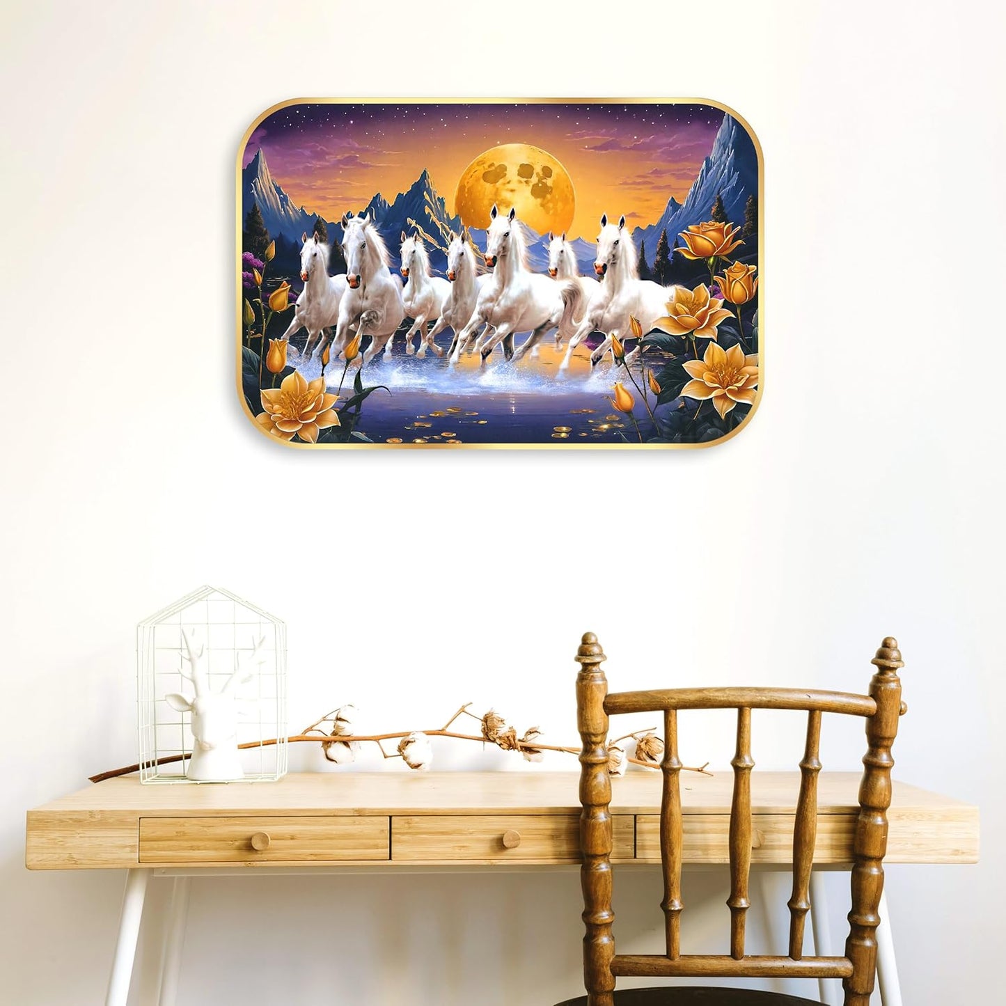 Indianara Seven Running White Horses Wall Art, Gold Frame, picturesque Scene, 45 x 30 cm (10906)