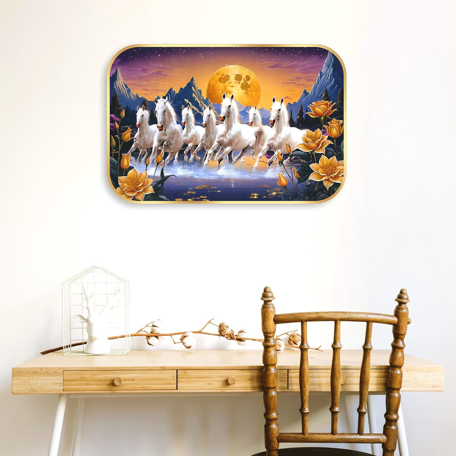 Indianara Seven Running White Horses Wall Art, Gold Frame, picturesque Scene, 45 x 30 cm (10906)