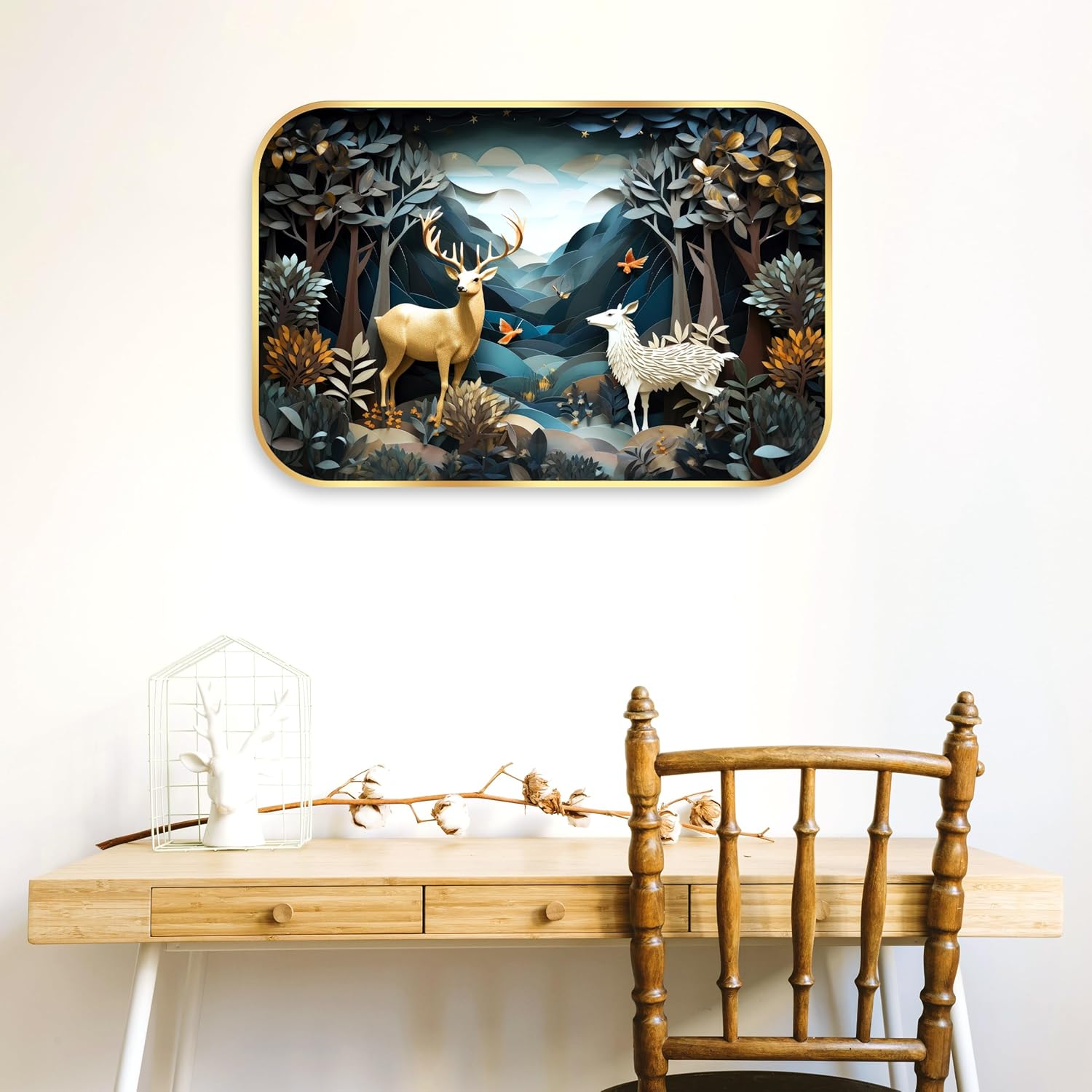 Indianara Enchanted Forest Wall Art, Gold Frame, 45 x 30 cm, Whimsical Deer Design, Indoor Decorative Print, Matte Finish