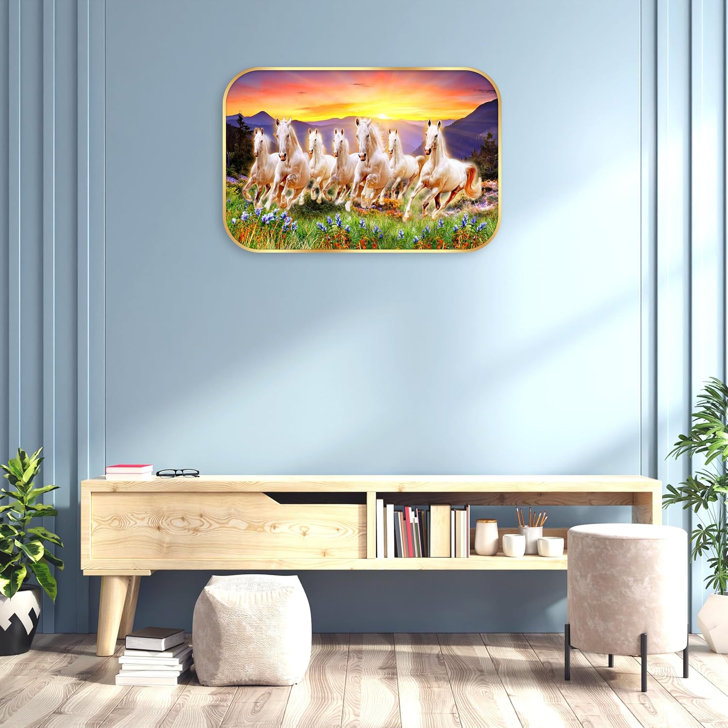 Indianara Seven Running White Horses Wall Art, Gold Frame, Night Scene with Purple Flowers, 45 x 30 cm (10931)