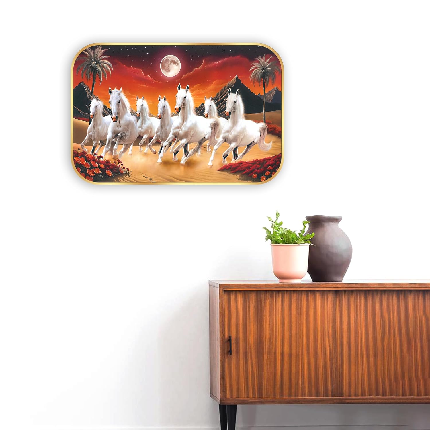 Indianara Seven Running White Horses Wall Art, Gold Frame, Night Scene with Purple Flowers, 45 x 30 cm (10912)
