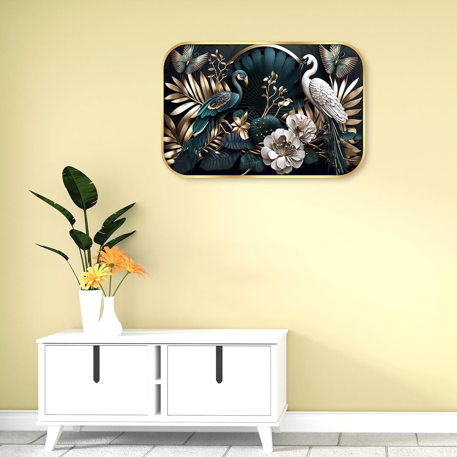 Indianara Luxury Wall Art, Peacock and Crane with Golden Foliage, Digital Print with Gold Frame, 45 x 30 cm, Black
