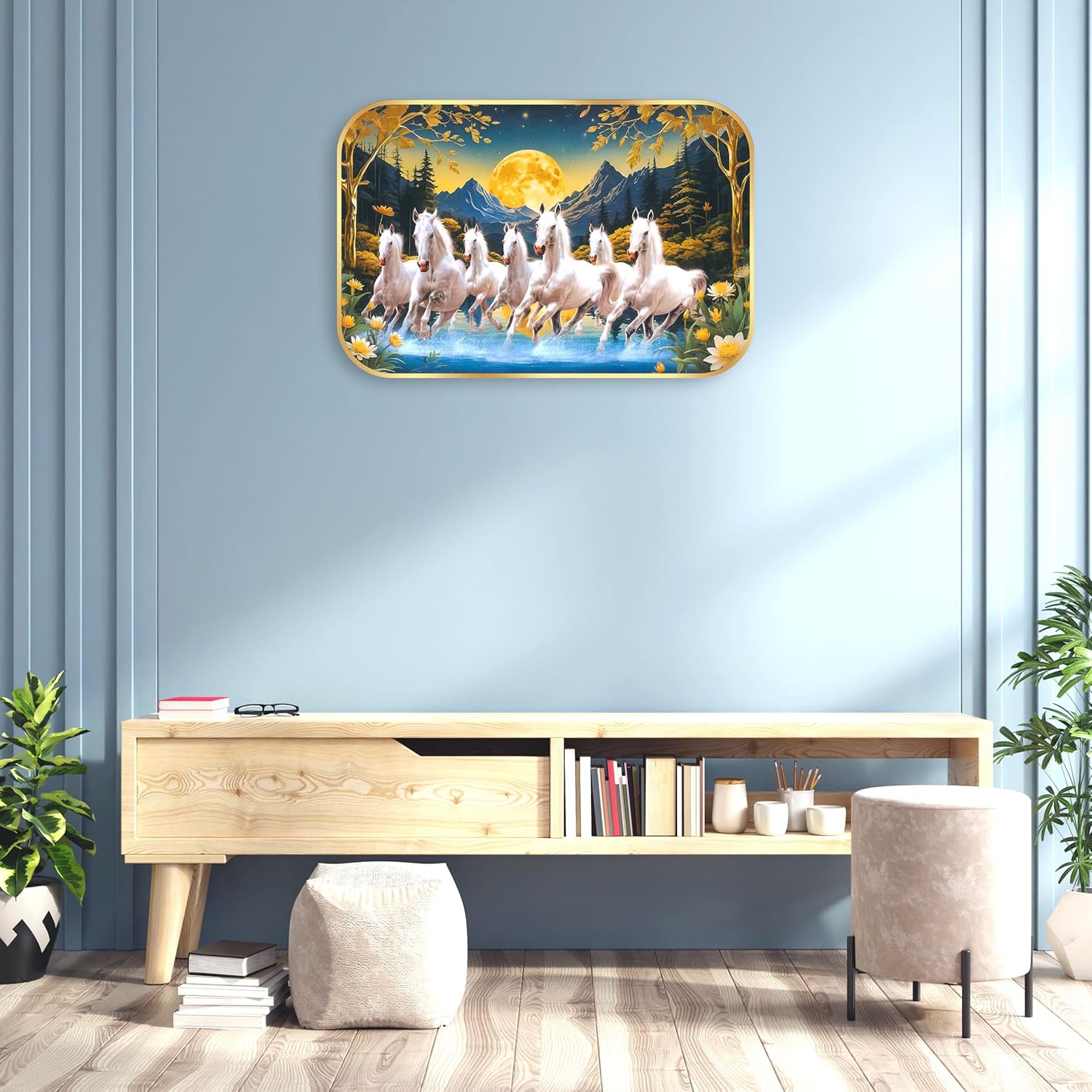 Indianara Seven Running White Horses Wall Art, Gold Frame, Night Scene with Purple Flowers, 45 x 30 cm (10916)