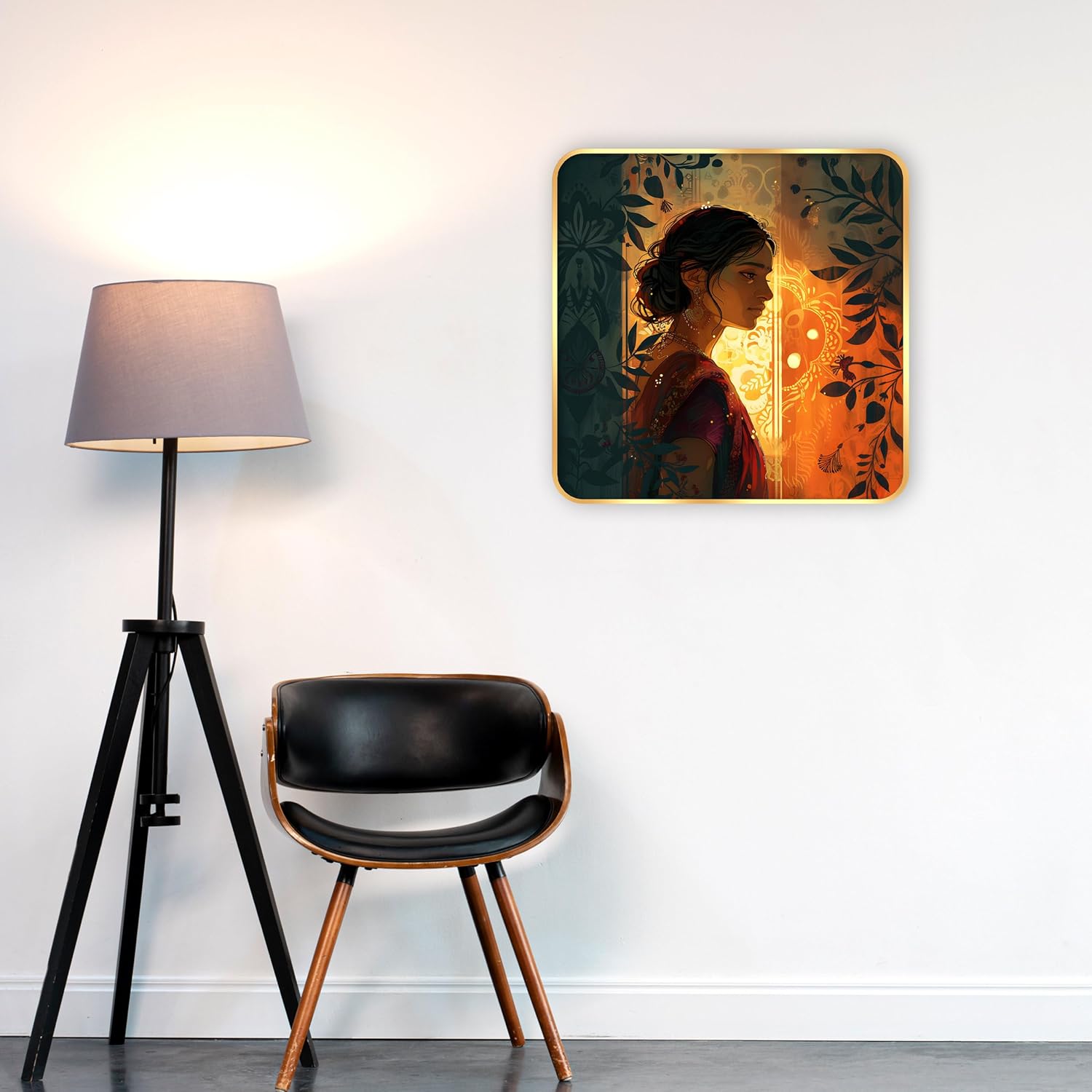 Indianara Beautiful Indian Woman Art Print with Golden Frame, Traditional Portrait, 40 cm x 40 cm, Premium Sparkle Lamination