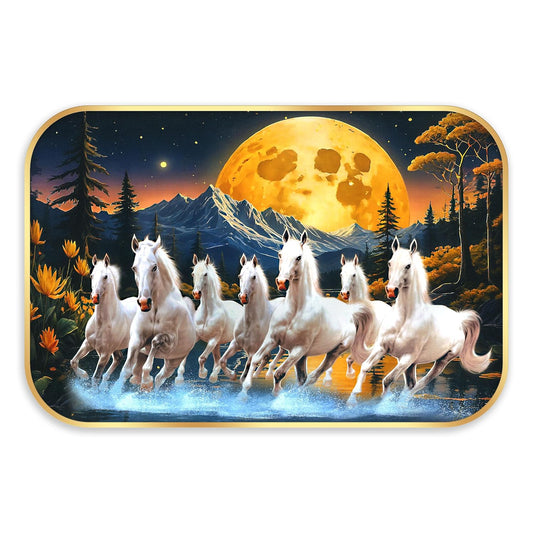Indianara Seven Running White Horses Wall Art, Gold Frame, picturesque Scene, 45 x 30 cm (10909)