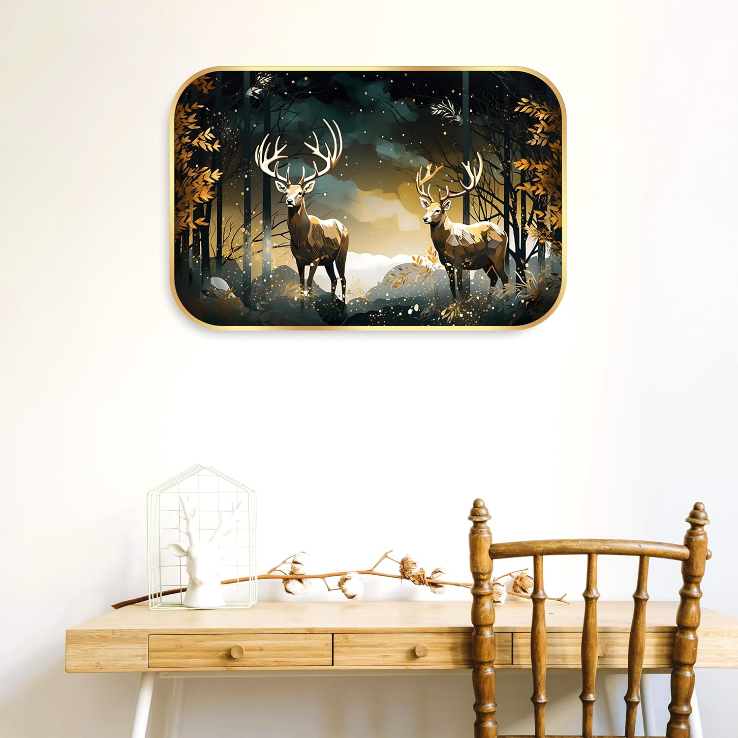 Indianara Whitetail Deer Forest Scene Wall Art, Golden Frame, Digital Print with Matte Finish, 45 x 30 cm