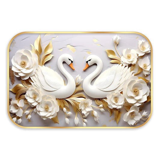 Indianara White Swan Wall Art with Gold Roses, Digital Print, Gold Frame, 45 x 30 cm, Landscape