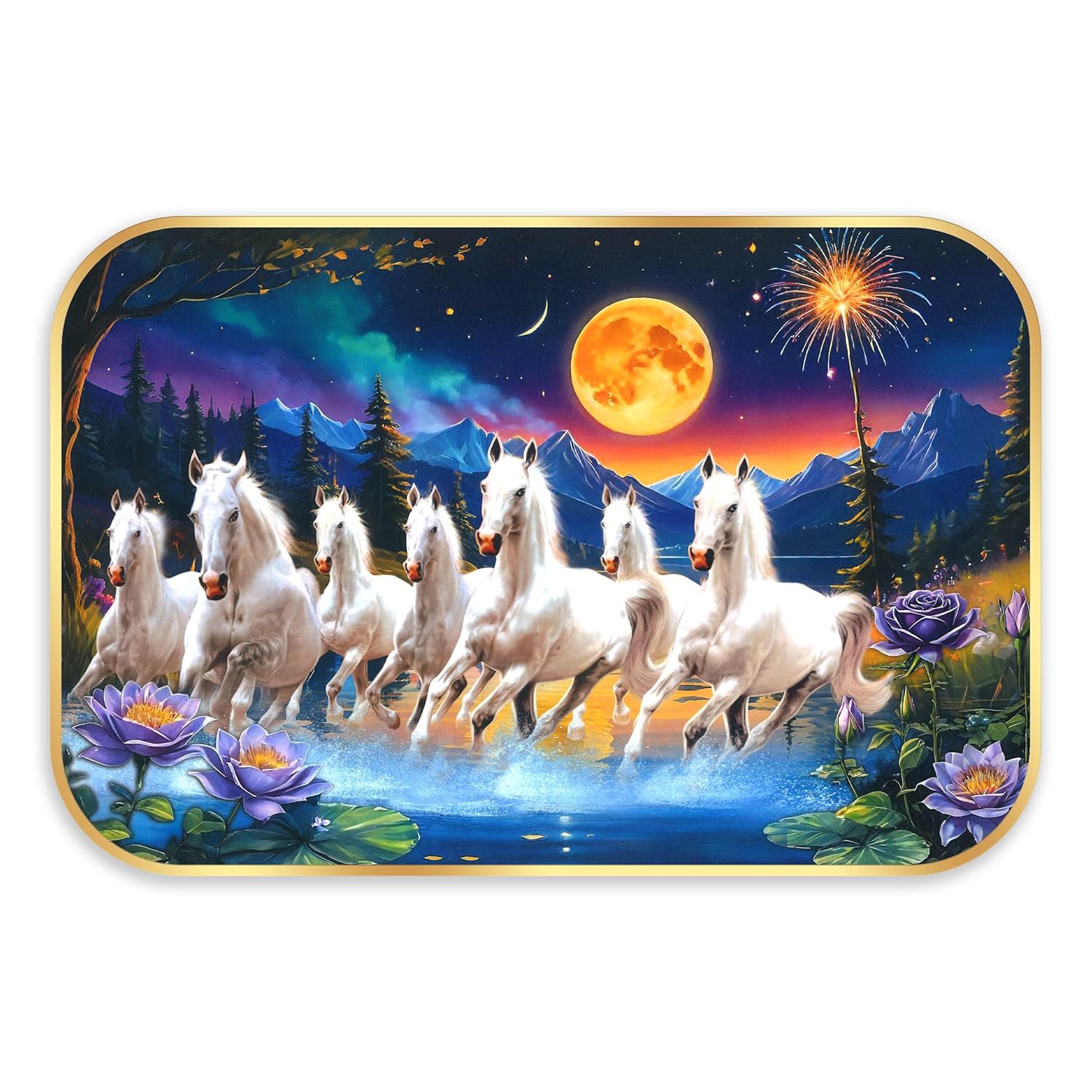 Indianara Seven Running White Horses Wall Art, Gold Frame, picturesque Scene, 45 x 30 cm (10905)