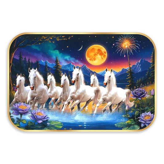 Indianara Seven Running White Horses Wall Art, Gold Frame, picturesque Scene, 45 x 30 cm (10905)