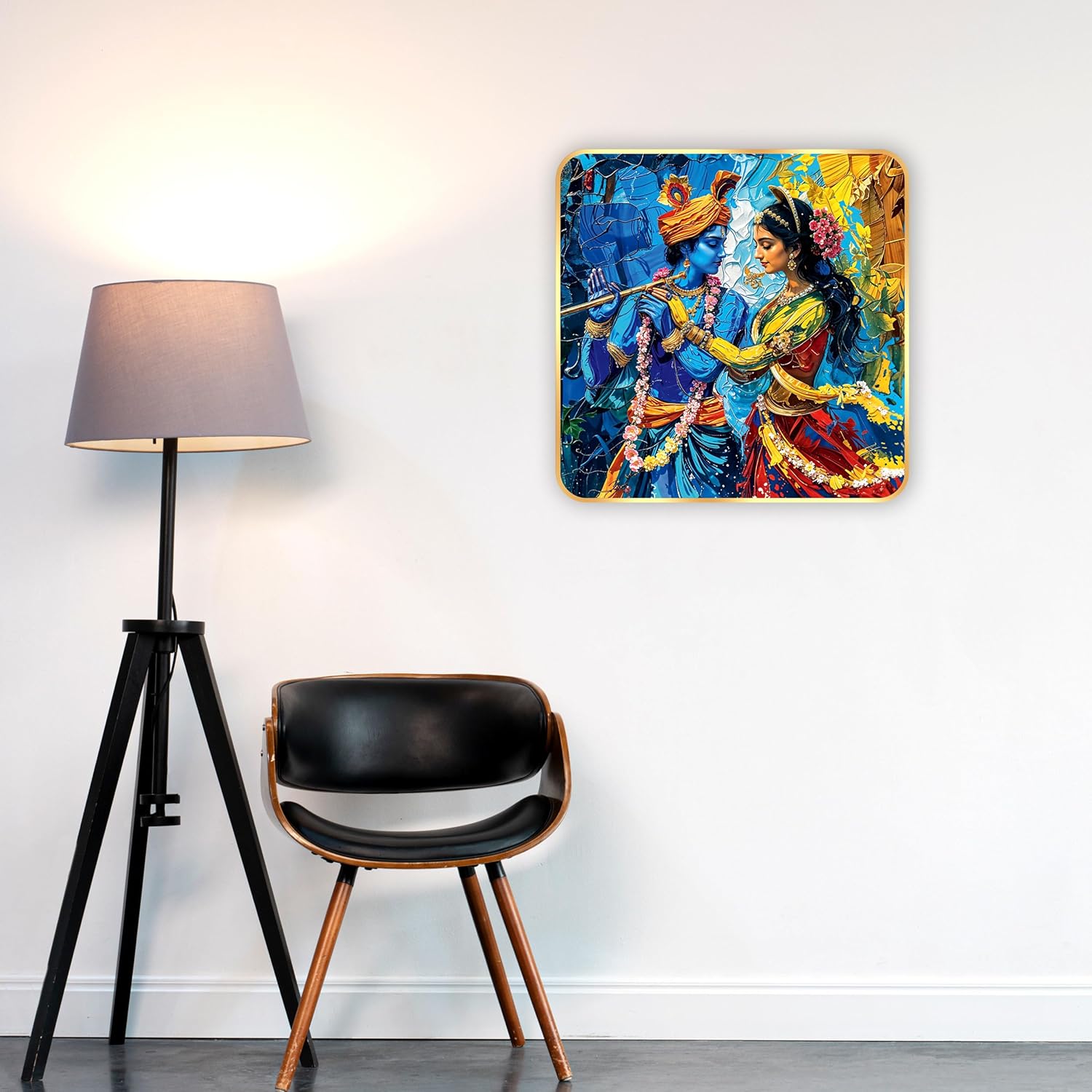 Indianara Traditional Radha Krishna Art Print, Golden Frame, Premium Sparkle Lamination, 40 cm x 40 cm