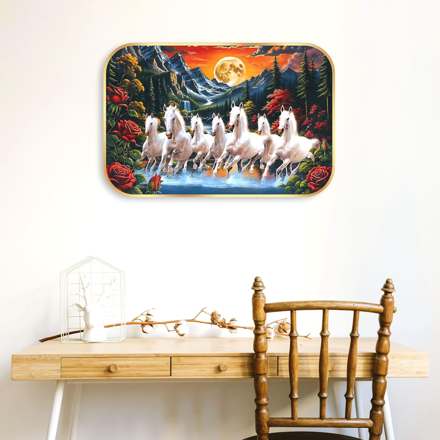 Indianara Seven Running White Horses Wall Art, Gold Frame, Night Scene with Purple Flowers, 45 x 30 cm (10913)