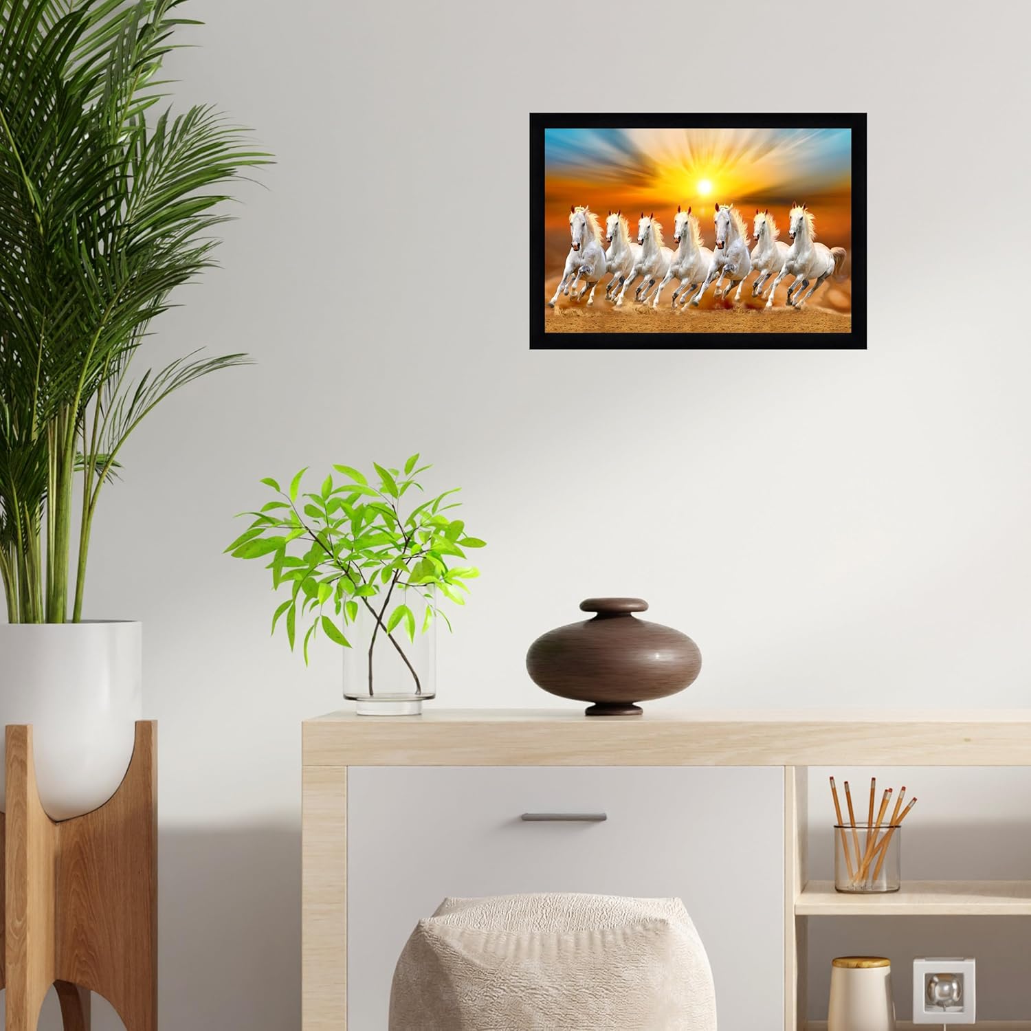Indianara Vastu Runing Seven Horses Painting With Frame 13 Inches X 10 Inches (Style 1)