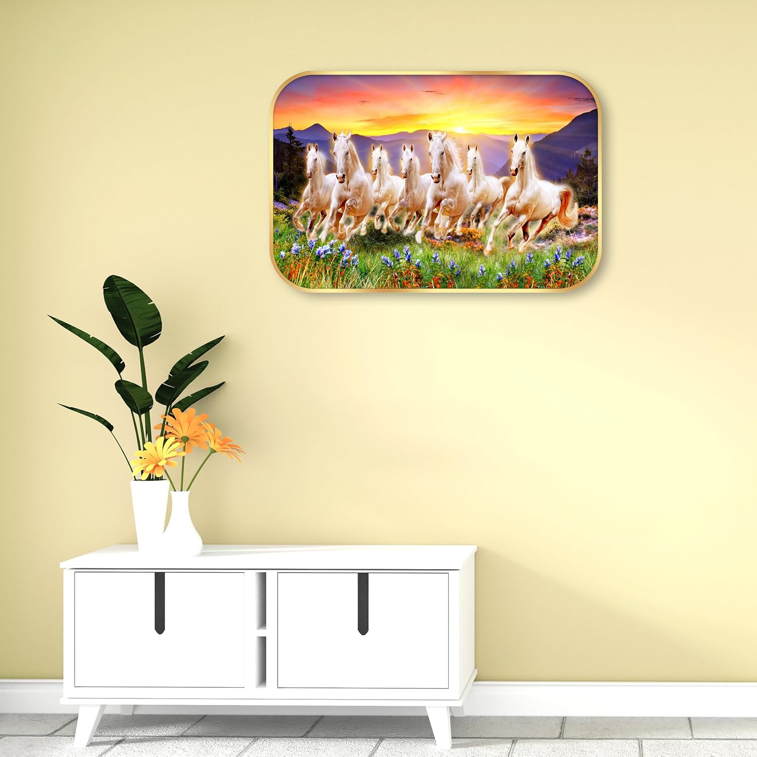 Indianara Seven Running White Horses Wall Art, Gold Frame, Night Scene with Purple Flowers, 45 x 30 cm (10931)