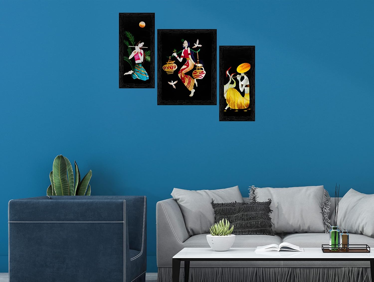 Indianara 3 Pc Set Of Still Art Paintings Without Glass (6 X 13, 10.2 X 13, 6 X 13 INCH, Black)