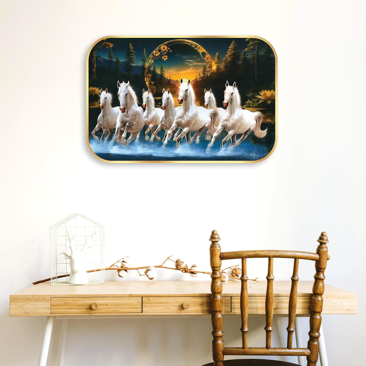 Indianara Seven Running White Horses Wall Art, Gold Frame, picturesque Scene, 45 x 30 cm (10903)